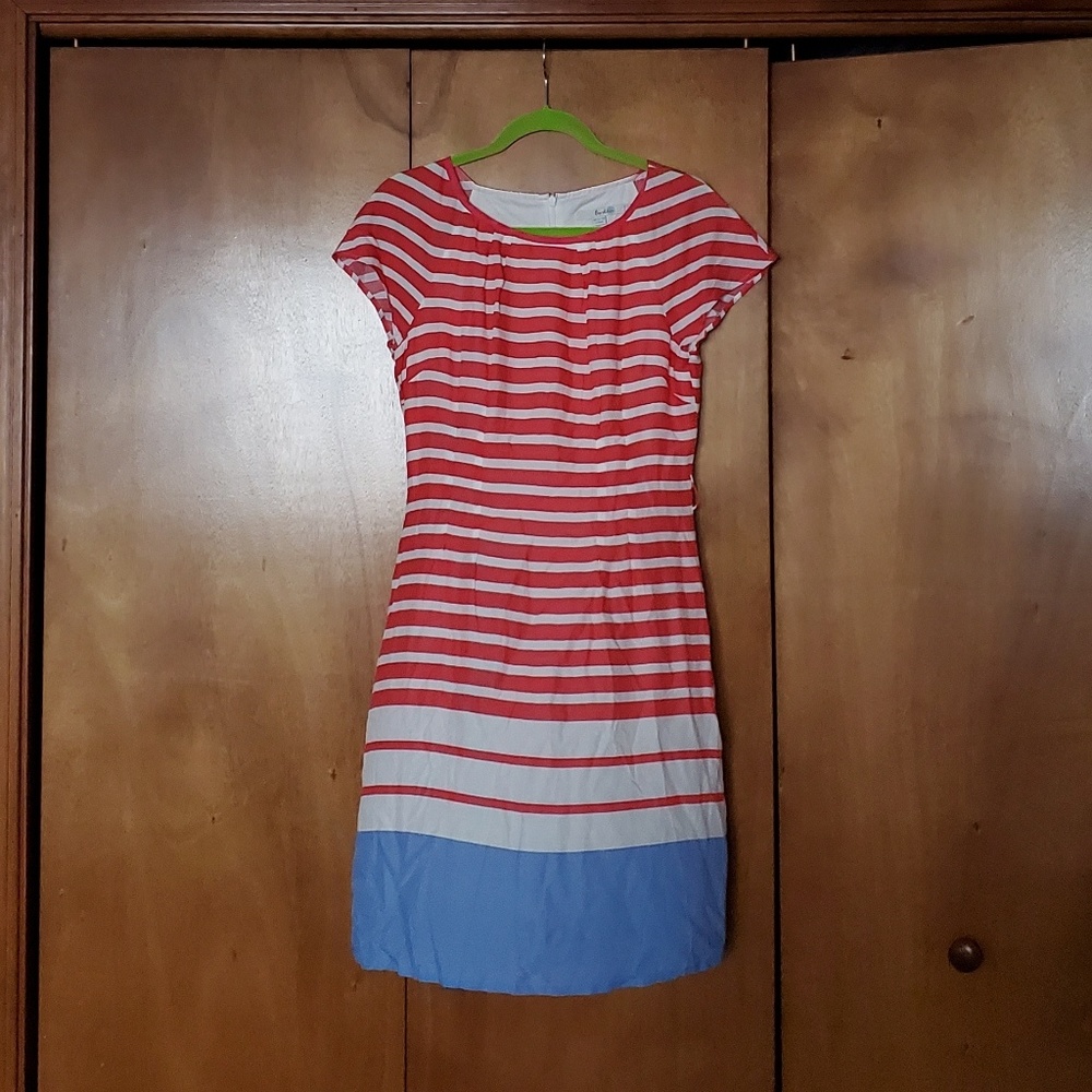 Boden Coral, Blue, and White Striped Dress